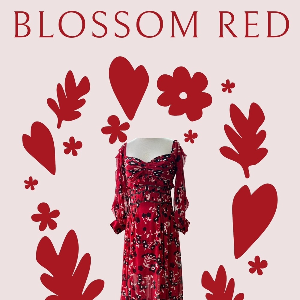 Self-Portrait Romantic Floral Off-Shoulder Red Ruffle Tiered Midi Dress Size 4 - Picture 12 of 13
